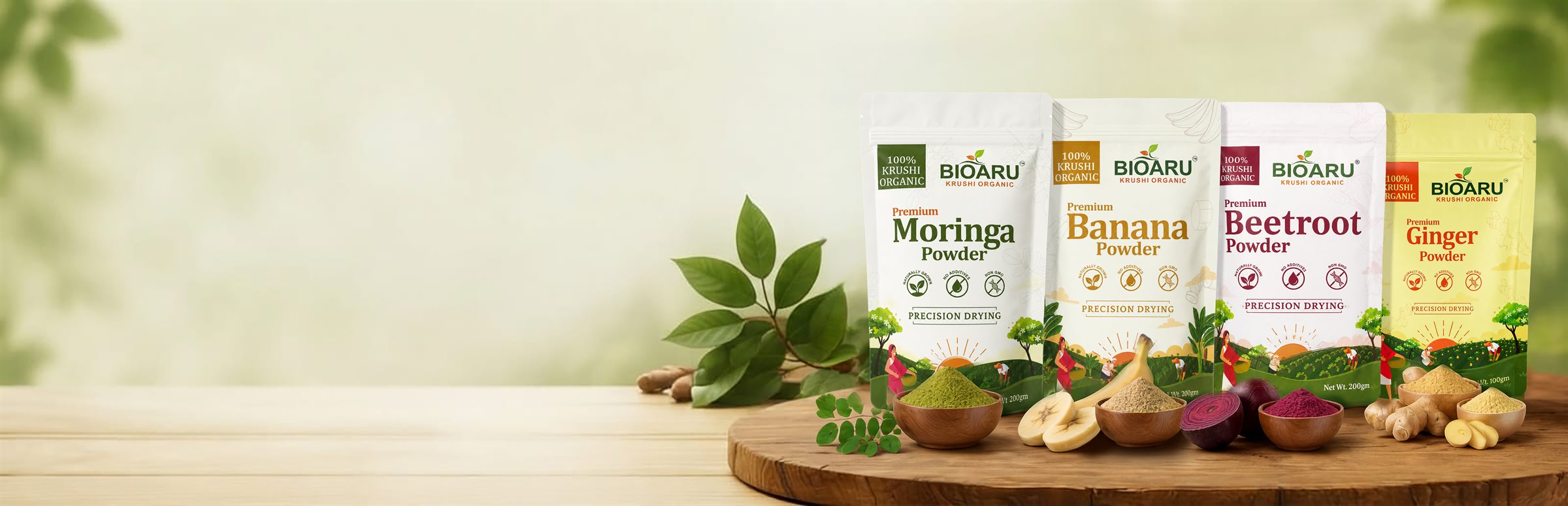 Bioaru moringa, banana, beetroot and ginger powder pouches with bowls of freshly ground powder